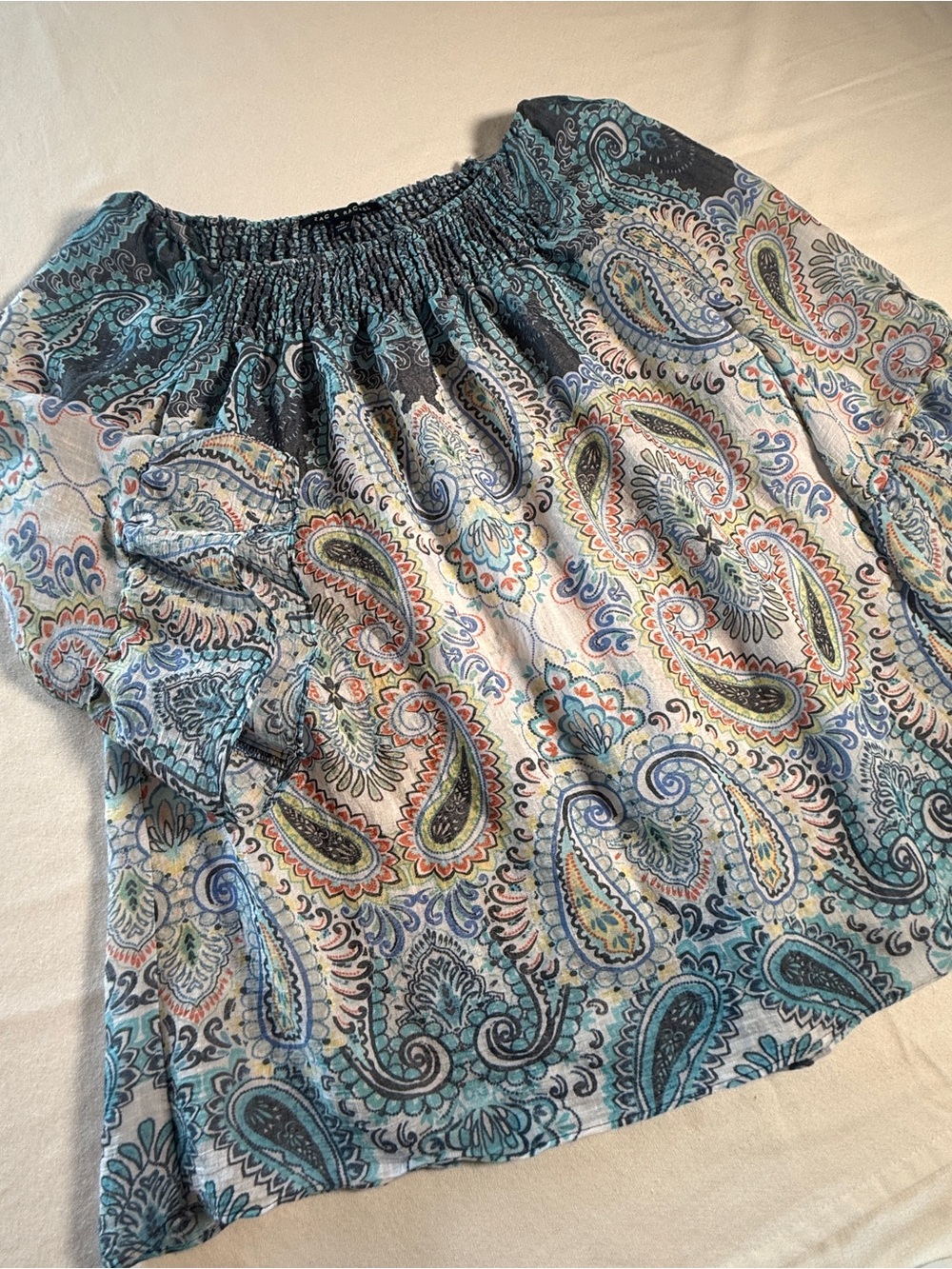 Zac & Rachel Women's Paisley Print Off-Shoulder Bell Sleeve Boho Blouse XL Blue